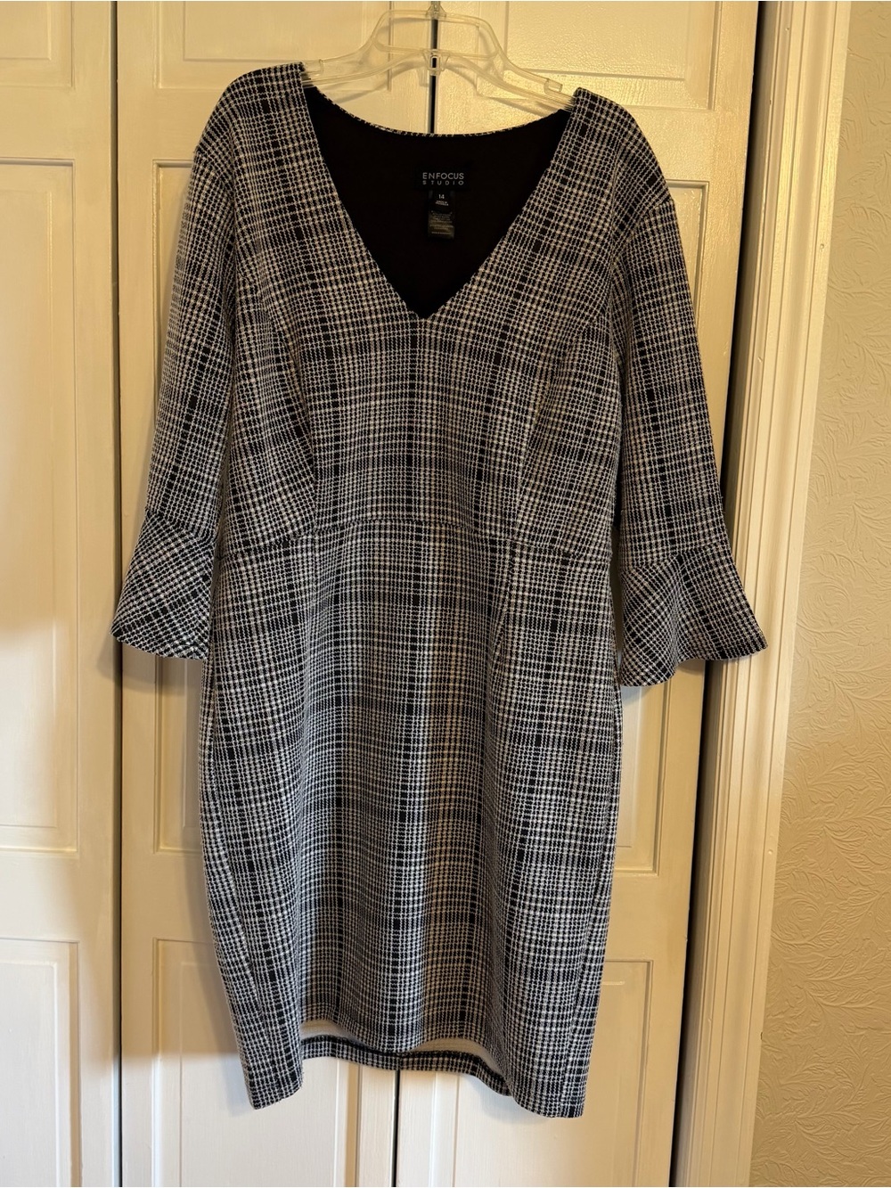 Enfocus Studio Black and White Plaid V-Neck Sheath Dress with Flared Sleeves